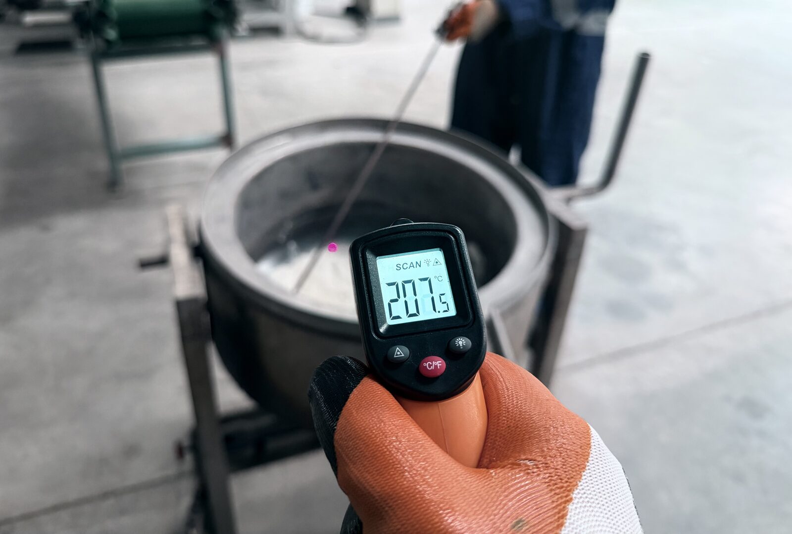 Specific gravity hydrometer reading taken in the metal refining tank
